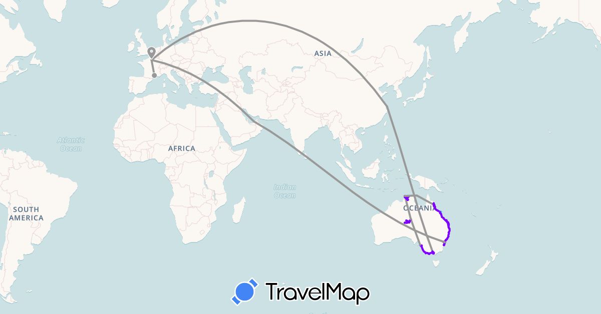 TravelMap itinerary: driving, plane, boat, 2019 in United Arab Emirates, Australia, China, France (Asia, Europe, Oceania)
