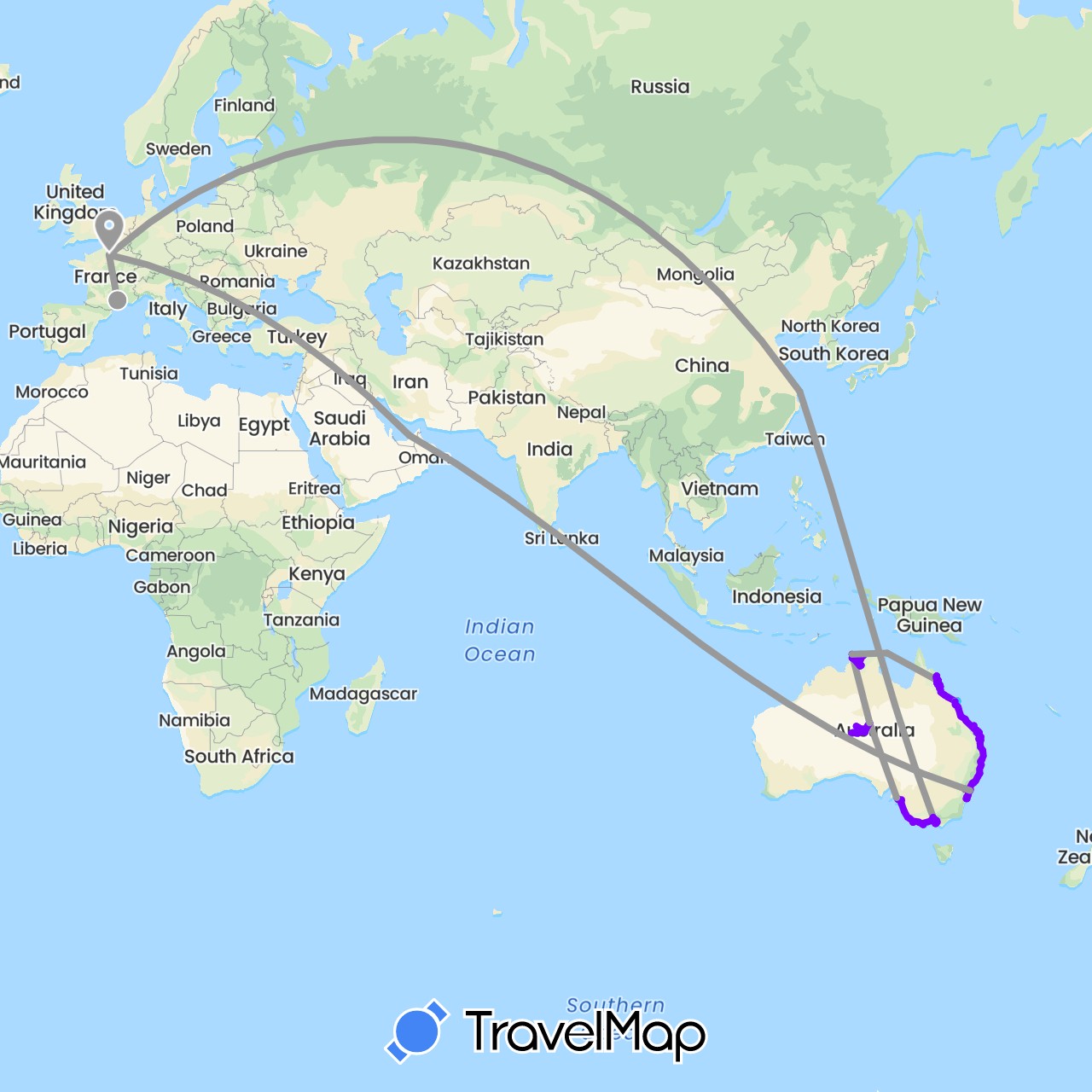 TravelMap itinerary: driving, plane, boat, 2019 in United Arab Emirates, Australia, China, France (Asia, Europe, Oceania)