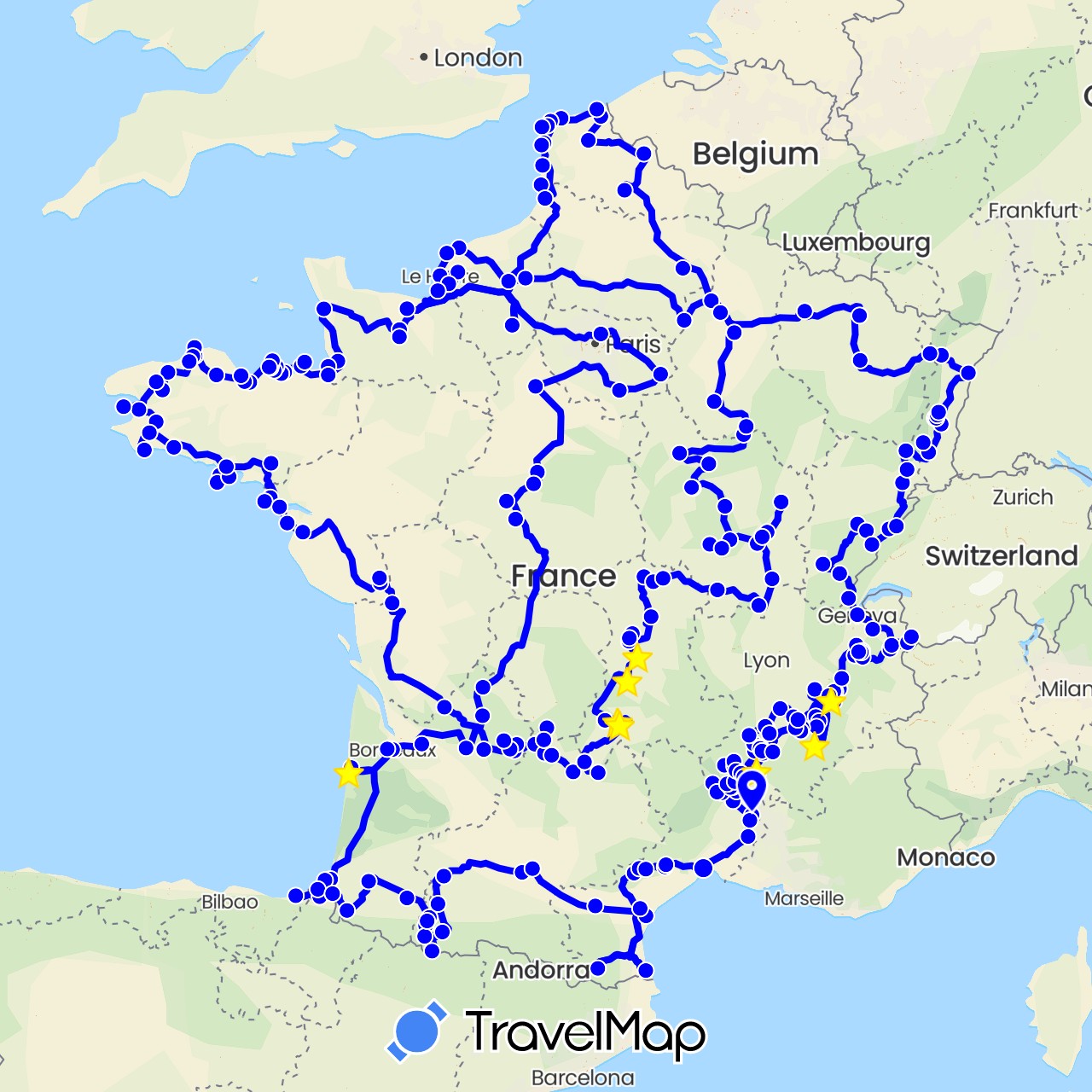 TravelMap itinerary: 2016 in Switzerland, Spain, France (Europe)