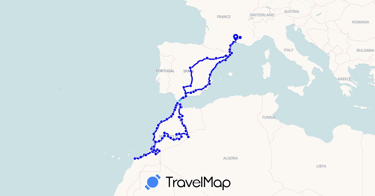 TravelMap itinerary: boat, 2016 in Spain, France, Morocco (Africa, Europe)