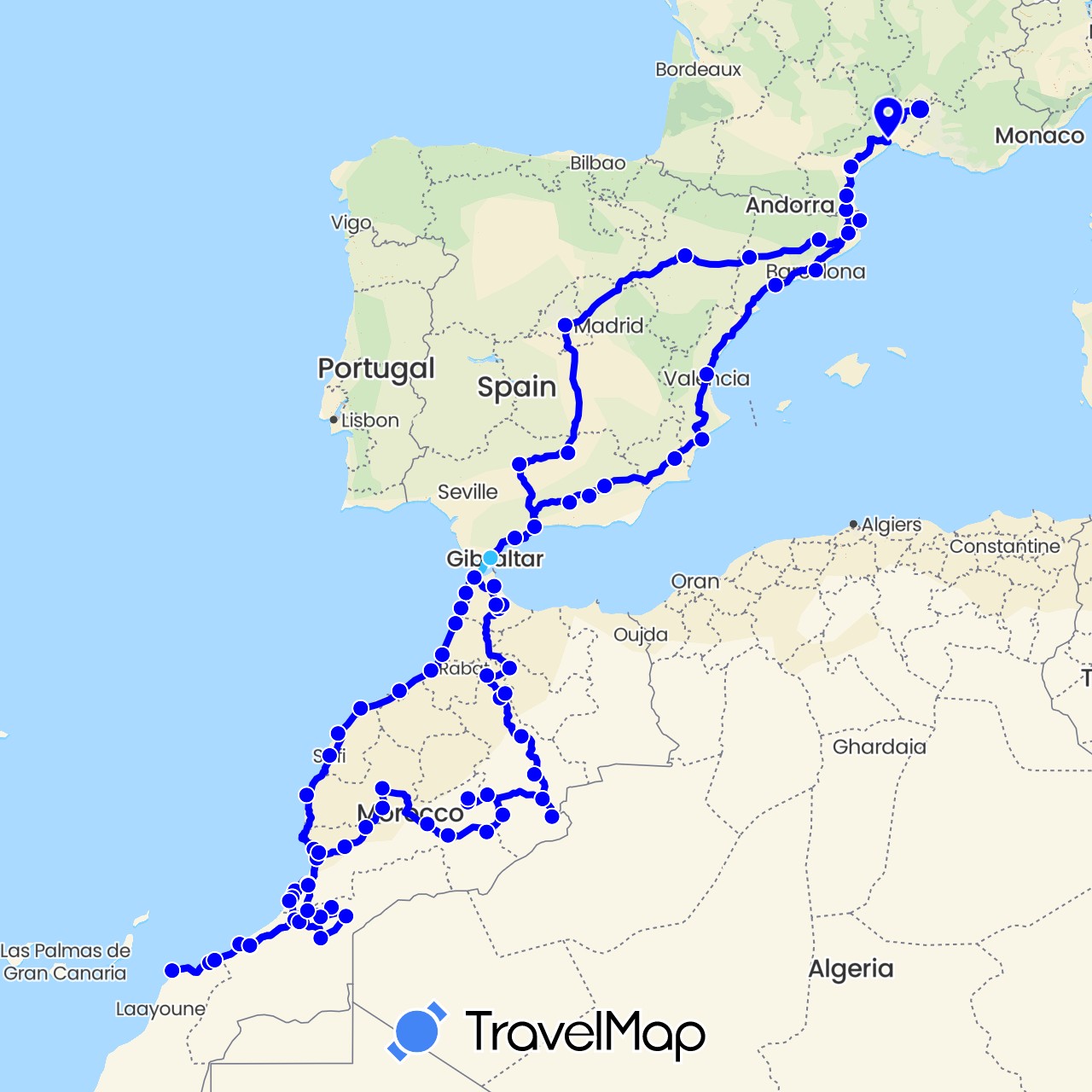 TravelMap itinerary: boat, 2016 in Spain, France, Morocco (Africa, Europe)