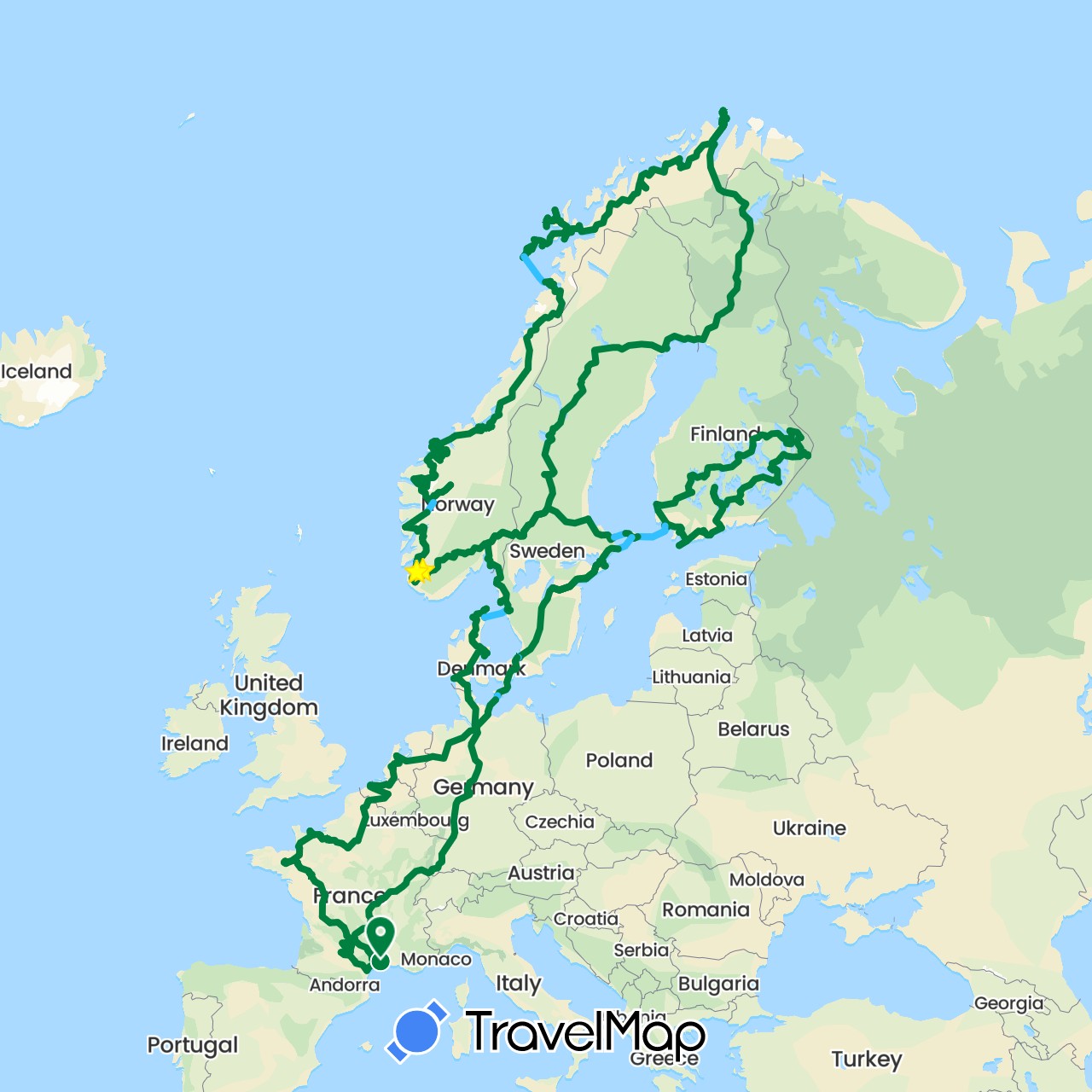 TravelMap itinerary: hiking, boat, 2017 in Åland Islands, Belgium, Germany, Denmark, Finland, France, Netherlands, Norway, Sweden (Europe)