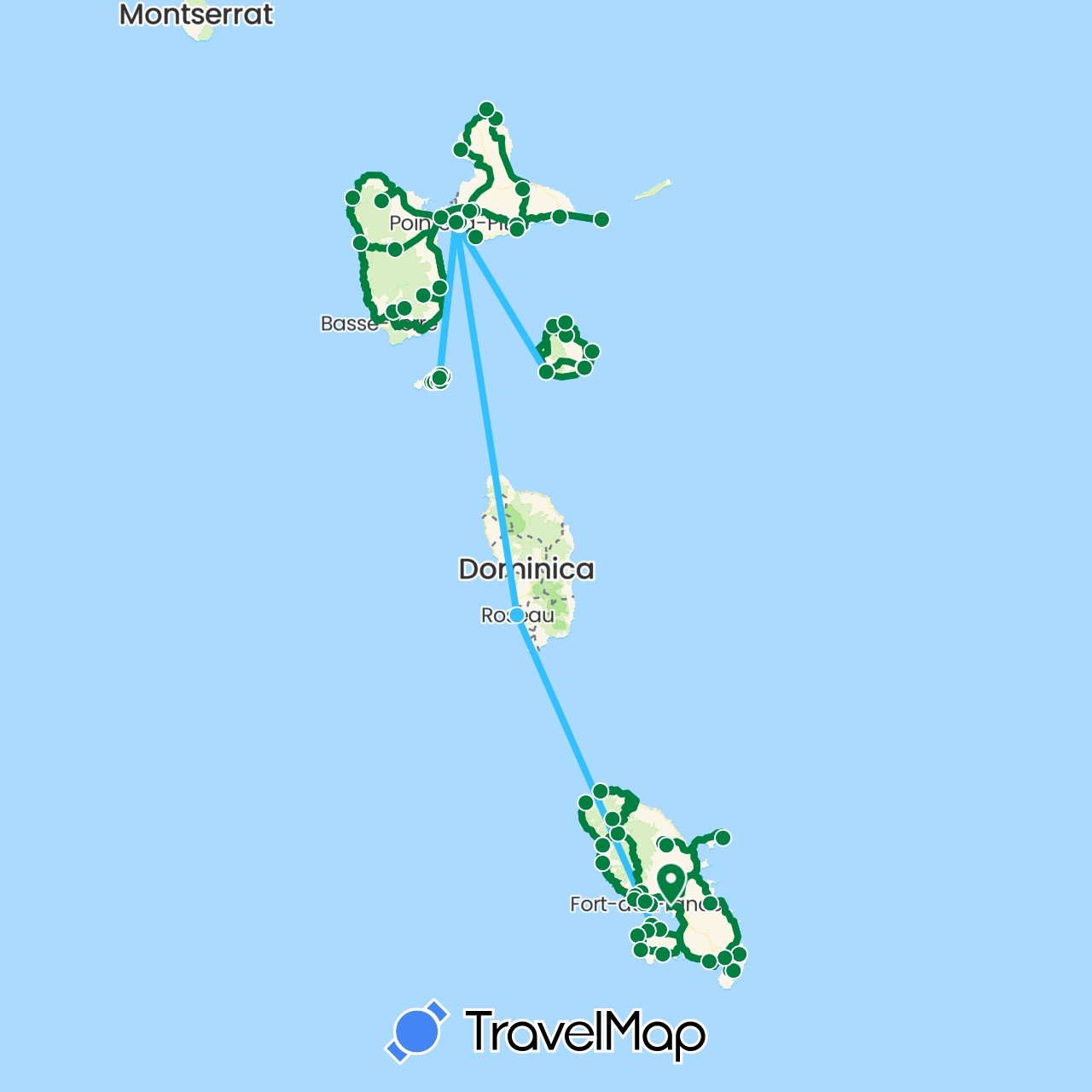 TravelMap itinerary: hiking, boat, 2017 in Dominica, France, Guadeloupe, Martinique (Europe, North America)