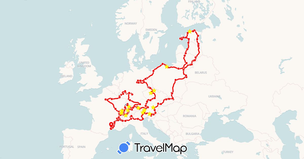 TravelMap itinerary: bus, cycling, hiking, 2018 in Austria, Switzerland, Czech Republic, Germany, Estonia, France, Italy, Lithuania, Luxembourg, Latvia, Poland, Slovenia, Slovakia (Europe)