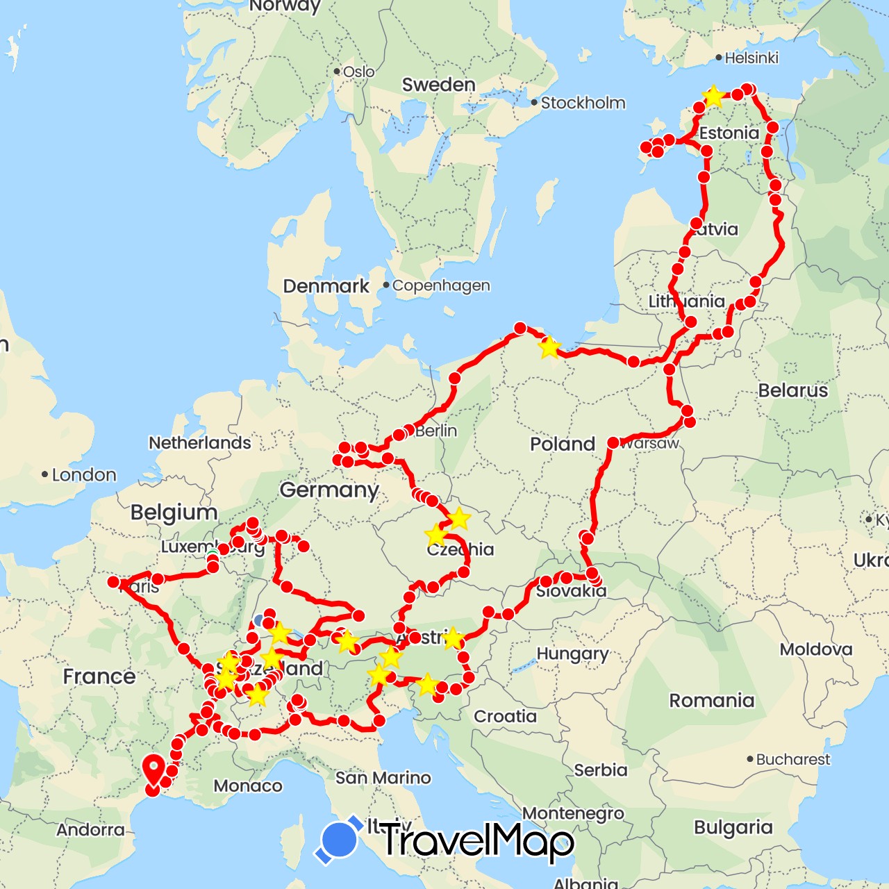TravelMap itinerary: bus, cycling, hiking, 2018 in Austria, Switzerland, Czech Republic, Germany, Estonia, France, Italy, Lithuania, Luxembourg, Latvia, Poland, Slovenia, Slovakia (Europe)