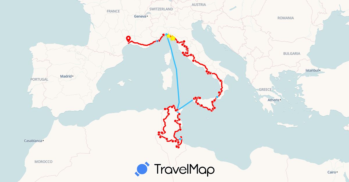 TravelMap itinerary: cycling, train, hiking, boat, 2018 in France, Italy, Tunisia (Africa, Europe)