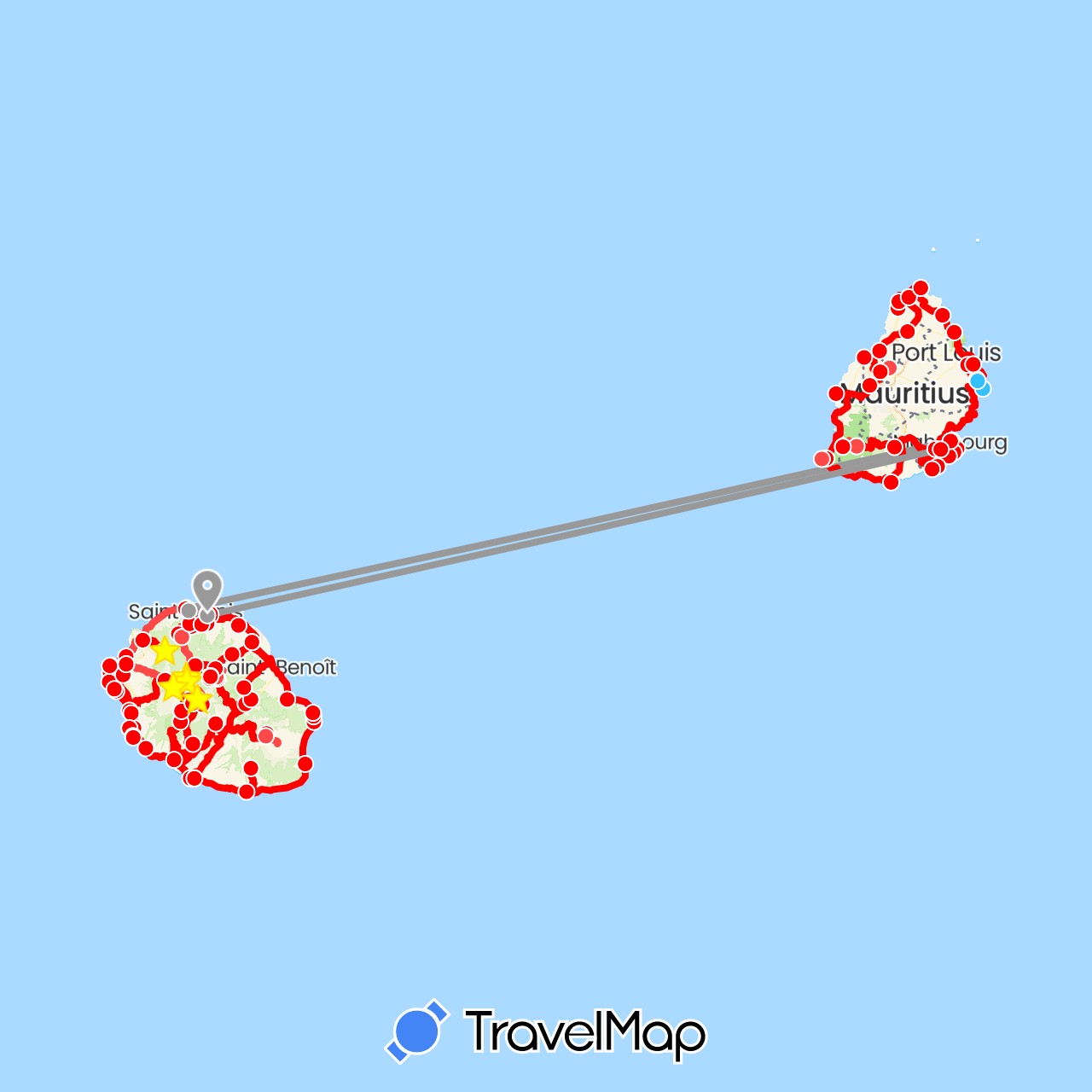 TravelMap itinerary: plane, hiking, boat, 2018 in France, Mauritius, French Southern Territories (Africa, Antarctica, Europe)